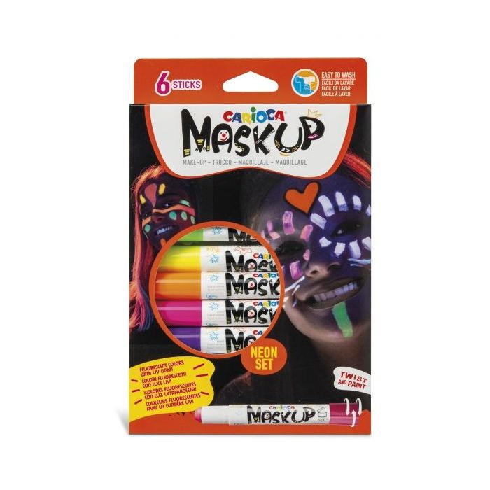 Carioca Mask Up Pack de 6 Colores para la Piel en Barra Neon - Ideales para Fiestas - Fluorescentes con Luz Ultravioleta - Brillantes y Lavables - 2 Tutoriales Incluidos - Color Varios