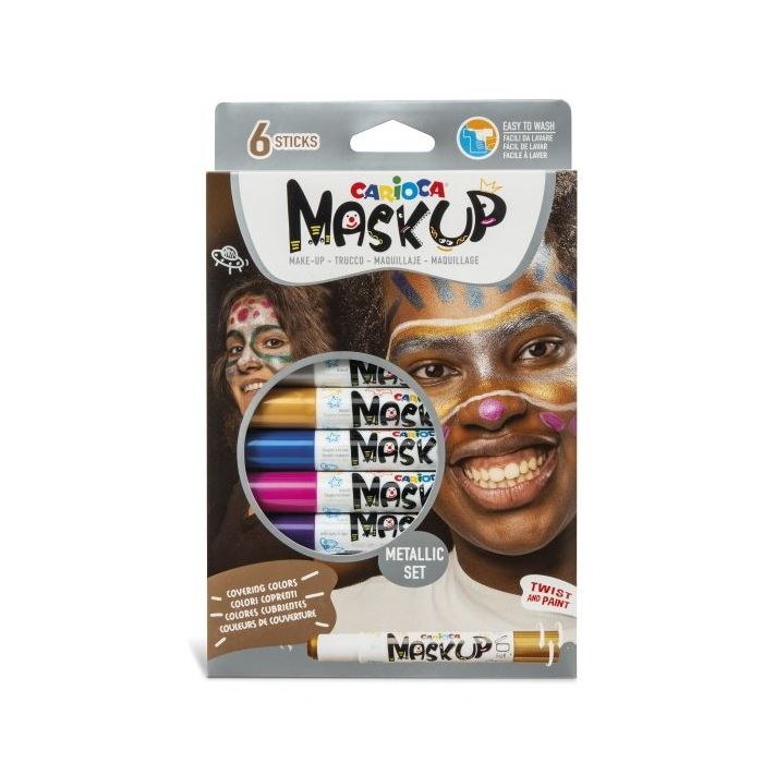 Carioca Mask Up Pack de 6 Colores Metalicos para la Piel - Ideales para Fiestas - Colores Brillantes y Lavables - Mezclables - 2 Tutoriales Incluidos - Color Varios