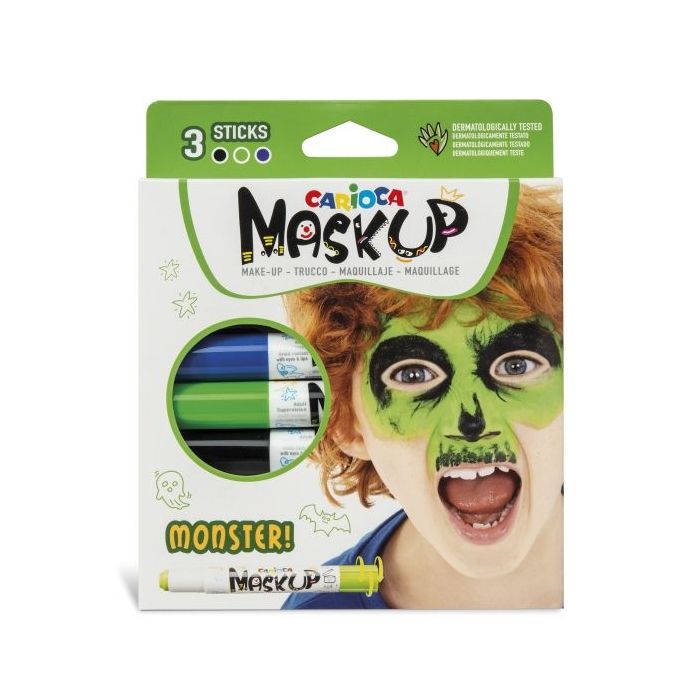 Carioca Mask Up Pack de 3 Colores para la Piel en Barra Monsters - Colores Brillantes - Lavables y Base Agua - Incluye Dos Tutoriales Paso a Paso - Color Varios
