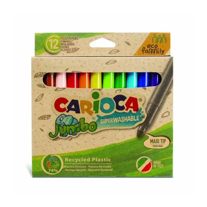 Carioca Jumbo Eco Family Pack de 12 Rotuladores - Punta Maxi 6mm - Tinta Superlavable - Capuchon Ventilado - Color Varios