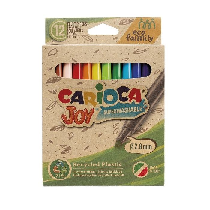 Carioca Joy Pack de 12 Rotuladores Punta Fina Eco Family - Tinta Superlavable - Punta Fina 2.8mm Bloqueada - Capuchon Ventilado - Color Varios