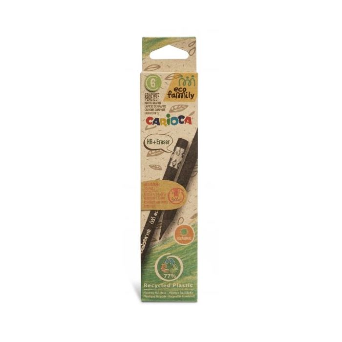 Carioca Eco Family Pack de 6 Lapices HB - Cuerpo Hexagonal - Goma Incorporada - Mina Ø 3mm Resistente a Caidas - No Se Astilla - Color Gris