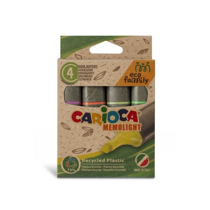 Carioca Eco Family Pack de 4 Subrayadores - Colores Brillantes - Tinta a Base de Agua - Punta Biselada de 5mm - Color Varios