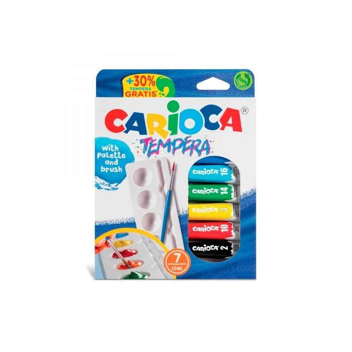 Carioca Pack de 7 Tubitos de Tempera - Incluye Pincel y Paleta - Colores Superlavables - Alto Poder Cubriente - para Materiales Porosos - Packaging 100% Reciclable - Color Varios
