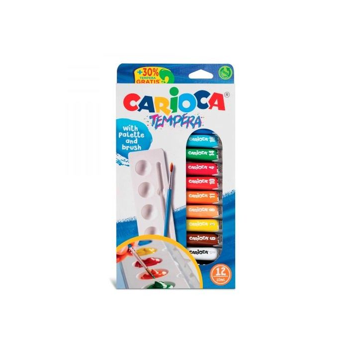 Carioca Pack de 12 Tubitos de Tempera - Incluye Pincel y Paleta - Colores Superlavables - Alto Poder Cubriente - Aplicable en Materiales Porosos - Packaging 100% Reciclable - Color Varios