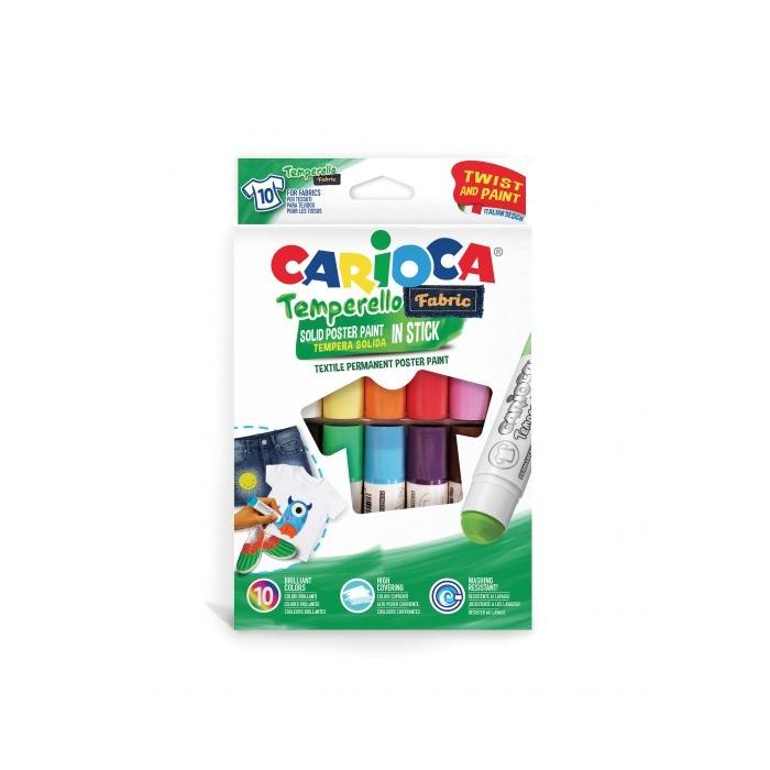 Carioca Temperello Textil Pack de 10 Pinturas para Tejidos - Colores Brillantes y Lavables - Alta Cobertura - Fijacion con Plancha - Lavable a Maquina Hasta 60°C - sin Disolventes - Color Varios