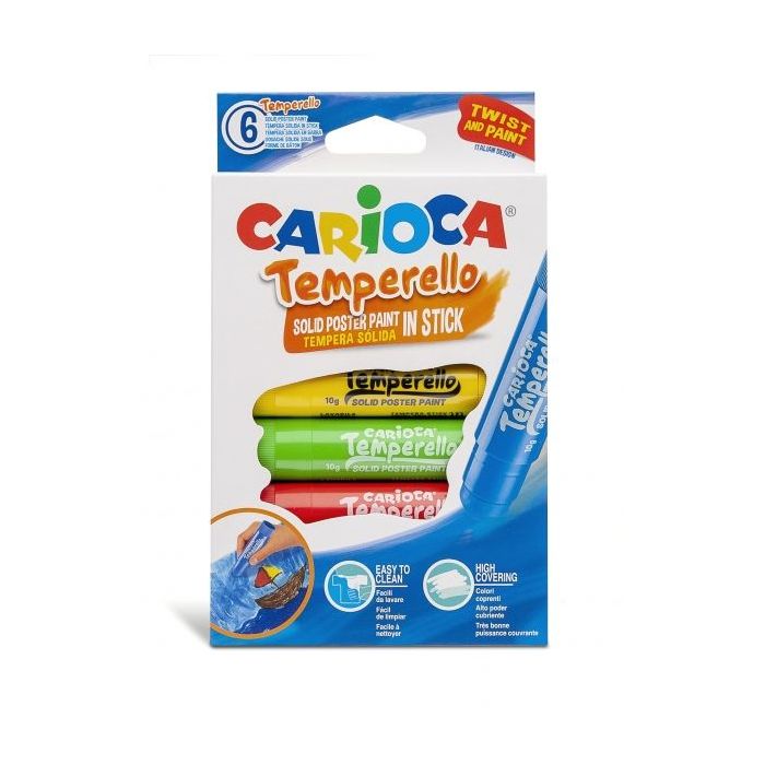 Carioca Temperello Pack de 6 Temperas Solidas - Colores Brillantes y Lavables - Gran Cobertura - Faciles de Mezclar - Acabado Satinado - Secado Rapido - No Arruga el Papel - Color Varios