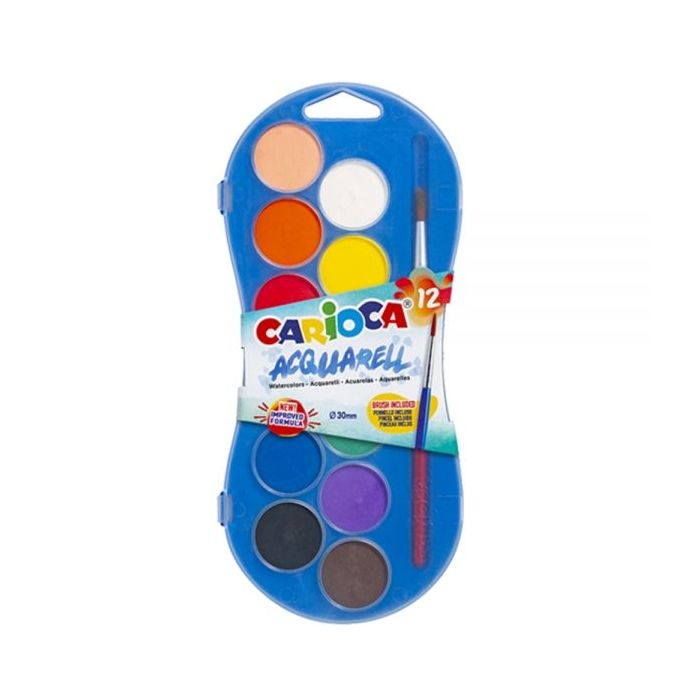 Carioca Acuarela Pack de 12 Colores en Pastilla - Brillantes - Facilmente Mezclables - Ø 30mm - Color Varios