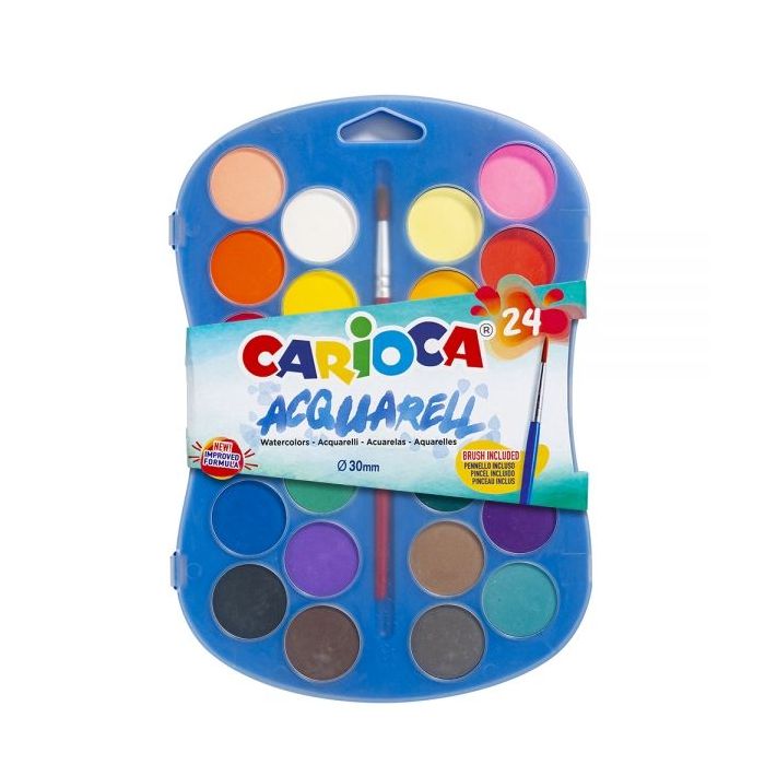 Carioca Acuarela Pack de 24 Colores en Pastilla - Brillantes - Facilmente Mezclables - Ø 30mm - Color Varios