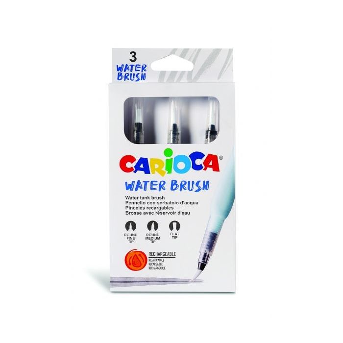 Carioca Pack de 3 Pinceles de Agua Recargables - Deposito Facil de Llenar - Perfectos para el Cole - 3 Tamaños Diferentes - Color Varios