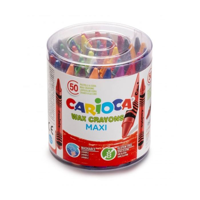 Carioca Maxi Pack de 50 Ceras Jumbo - Colores Brillantes - Lavables - Cuerpo de Ø 12mm - Color Varios