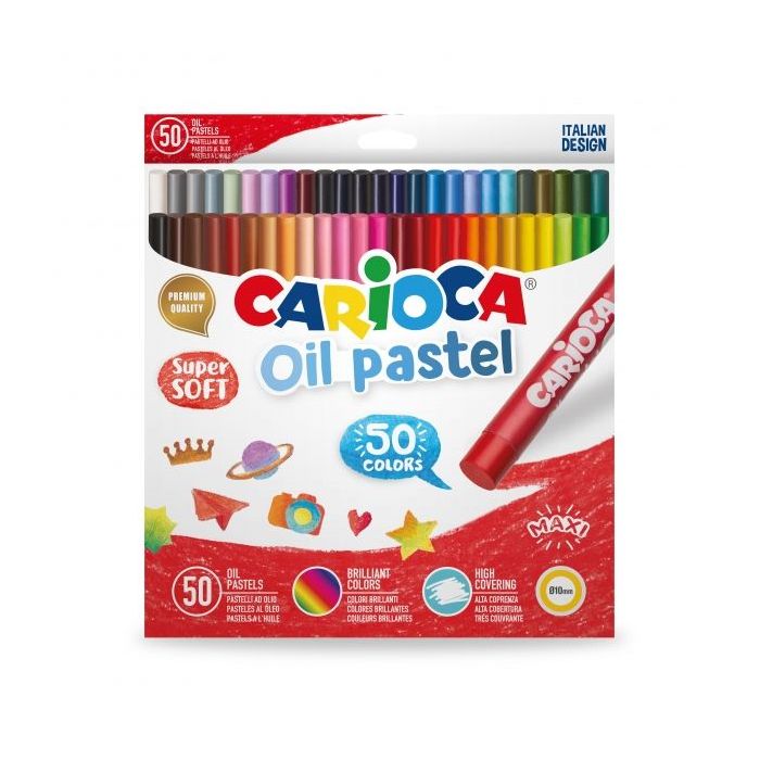 Carioca Pack de 50 Pasteles al Oleo - Colores Brillantes - Lavables - Resistentes a la Luz - Cubrientes - Faciles de Mezclar - Maxi Cuerpo Ø 10mm - Uso en Papel, Carton, Tela y Madera - Color Varios