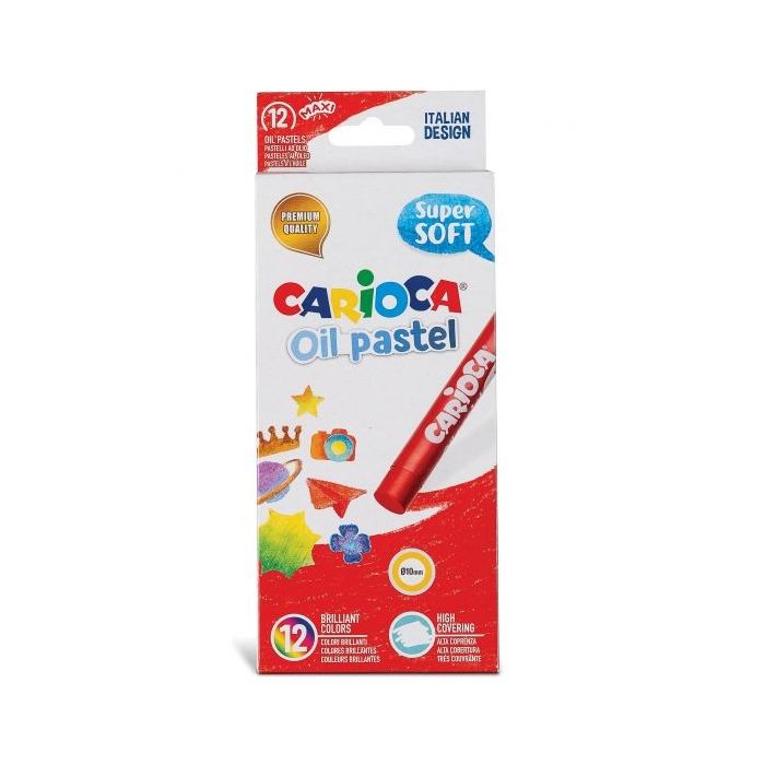 Carioca Pack de 12 Pasteles al Oleo - Colores Brillantes - Lavables - Resistentes a la Luz - Cubrientes - Faciles de Mezclar - Maxi Cuerpo Ø 10mm - Uso en Papel, Carton, Tela y Madera - Color Varios