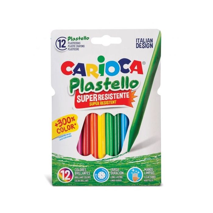 Carioca Pack de 12 Plasticeras - Extra Limpias - No Dejan Color en las Manos - Duran Tres Veces mas - Colores Brillantes y Lavables - Faciles de Afilar - Color Varios