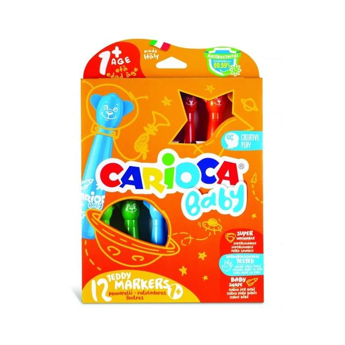 Carioca Baby Teddy Pack de 12 Rotuladores - Super Seguros - Forma Ergonomica - Tinta Superlavable - Dermatologicamente Testados - Color Varios