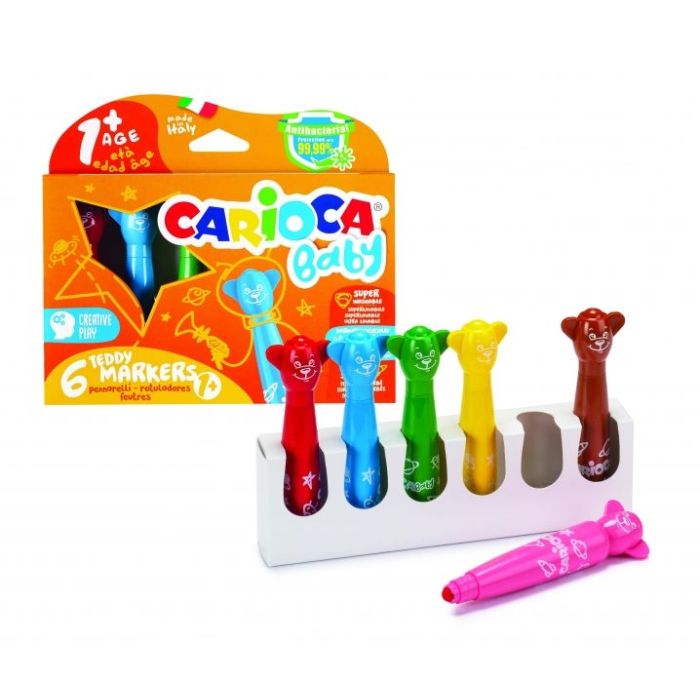 Carioca Baby Teddy Pack de 6 Rotuladores - Super Seguros - Forma Ergonomica - Tinta Superlavable - Dermatologicamente Testado - Color Varios