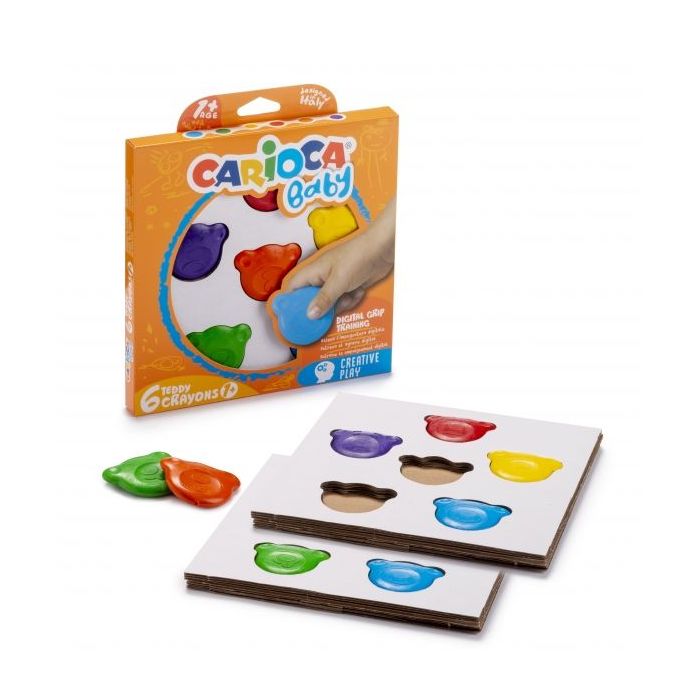 Carioca Teddy Crayons Pack de 6 Ceras de Colores - Certificadas a Partir de 12 Meses - Diseñadas para Entrenar el Agarre Digital - Color Varios