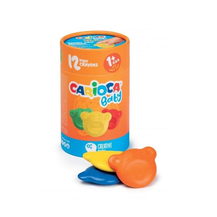 Carioca Teddy Crayons Pack de 12 Ceras de Colores - Certificadas a Partir de los 12 Meses - Diseñadas para Entrenar el Agarre Digital - Color Varios