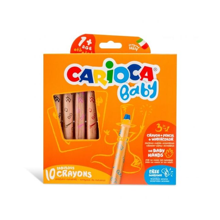 Carioca Baby 1+ 3In1 Pack de 10 Lapices - Lapiz, Cera y Acuarela en Uno - Cuerpo Extragrande Facil de Agarrar - Acuarelables con Agua y Pincel - Color Varios