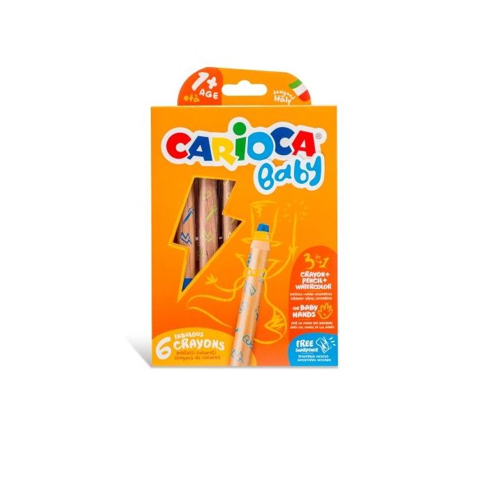Carioca Baby 1+ 3In1 Pack de 6 Lapices - Lapiz Cera y Acuarela en Uno - Cuerpo Extragrande - Acuarelables - Sacapuntas Incluido - Colores Brillantes y Lavables - Color Varios