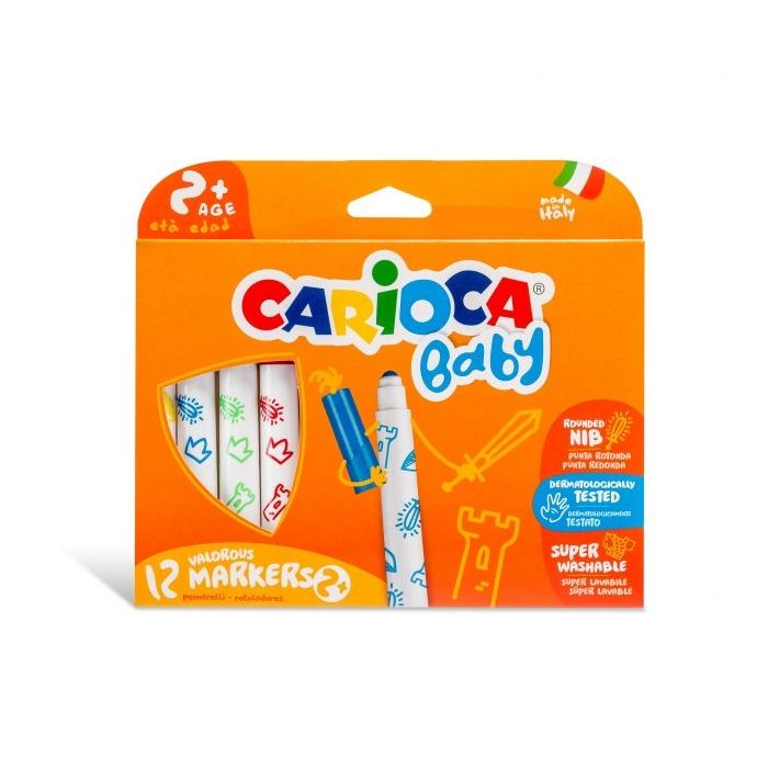 Carioca Baby Marker Pack de 12 Rotuladores - Punta Redonda y Bloqueada - Cuerpo de Gran Dimension - Superlavables - Dermatologicamente Testados - Color Varios