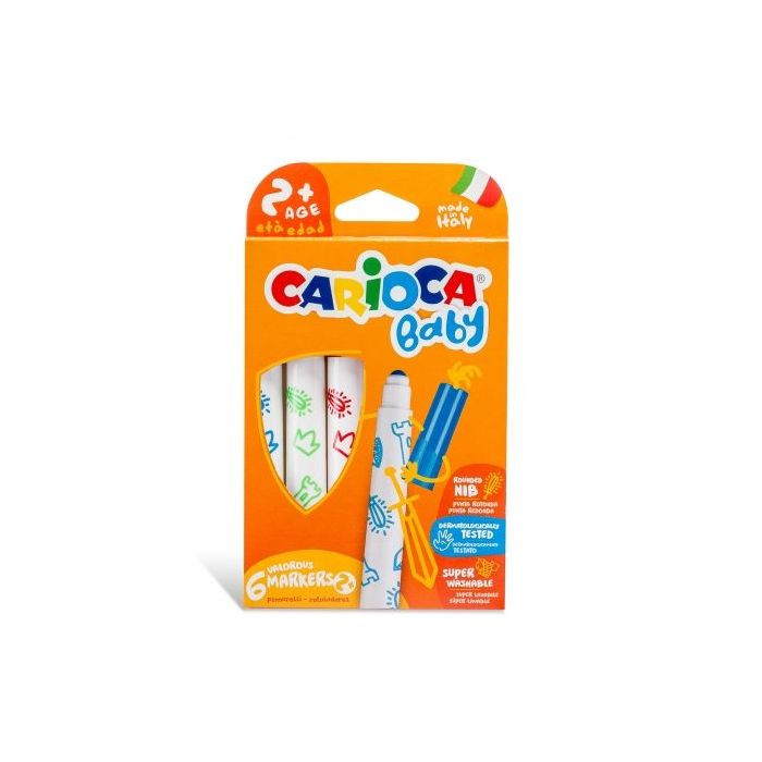 Carioca Baby Marker Pack de 6 Rotuladores - Punta Redonda y Bloqueada - Cuerpo de Gran Dimension - Superlavables - Dermatologicamente Testados - Color Varios