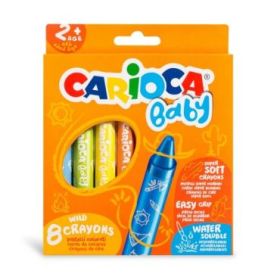 Carioca Pack de 8 Ceras Baby 2+ - Super Suaves - Gran Dimension para Facil Agarre - Escritura Suave - Colores Brillantes y Lavables - Acuarelables con Agua y Pincel - Color Varios