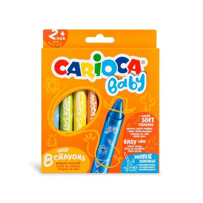 Carioca Pack de 8 Ceras Baby 2+ - Super Suaves - Gran Dimension para Facil Agarre - Escritura Suave - Colores Brillantes y Lavables - Acuarelables con Agua y Pincel - Color Varios