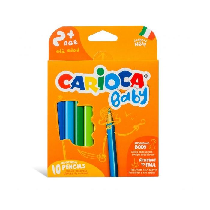 Carioca Maxi Pack de 10 Lapices Triangulares Baby 2+ - Facil de Agarrar - Cuerpo de Resina sin Madera - No Se Astilla - Resistente a Caidas - Color Varios