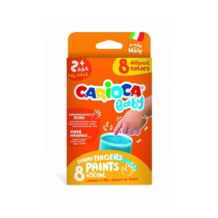 Carioca Tempera Baby Pack de 8 Botes de Pintura de Dedos 2+ - Lavable - Atoxica - sin Olor - Maxima Creatividad y Diversion - Color Varios