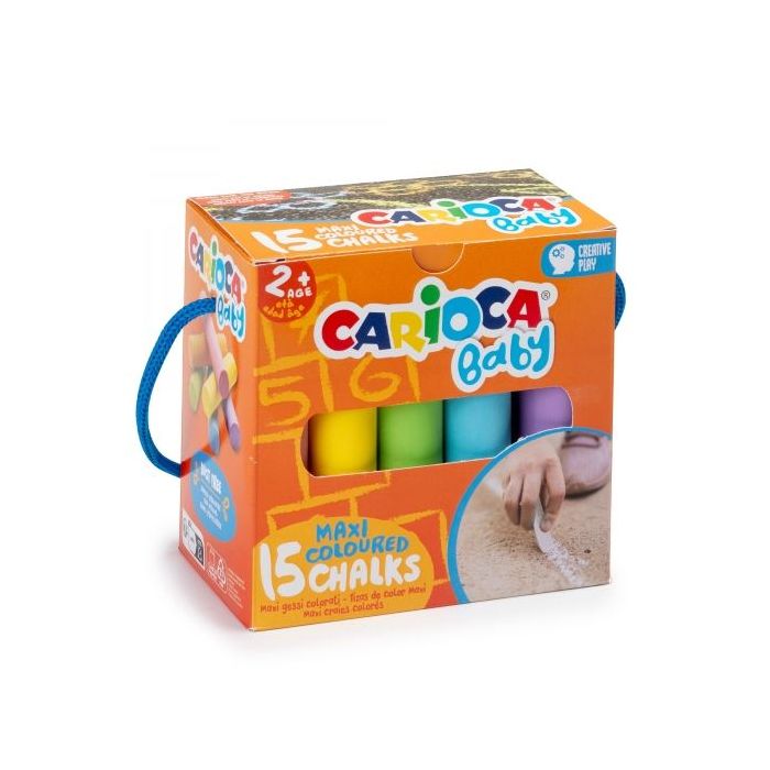 Carioca Tizas Maxi Multicolor Baby Pack de 15 Tizas - sin Polvo - Certificado a Partir de 24 Meses - Colores Brillantes - Lavables - Faciles de Borrar - Bote con Asa - Color Varios
