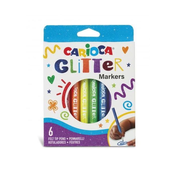 Carioca Glitter Caja 6 Rotuladores - Punta Ø 1mm - Tinta Liquida a Base de Agua - Punta de Alta Calidad - Efecto Glitter - Resistente a la Luz - Color Varios