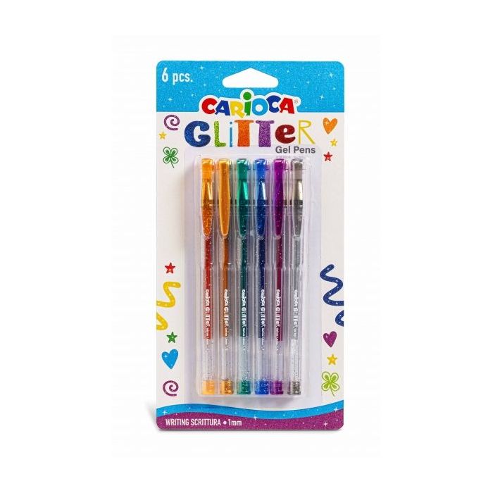 Carioca Glitter Gel Pack de 6 Boligrafos - Punta Ø 1mm - Tinta Gel Glitter - para Superficies Oscuras - Escritura Brillante y Colorida - Color Varios