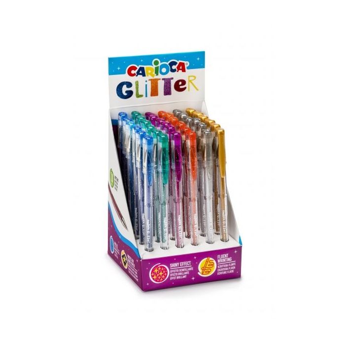 Carioca Glitter Gel Expositor de 36 Boligrafos - Punta Ø 1mm - Tinta Gel Glitter - para Superficies Oscuras - Escritura Brillante y Colorida - Color Varios