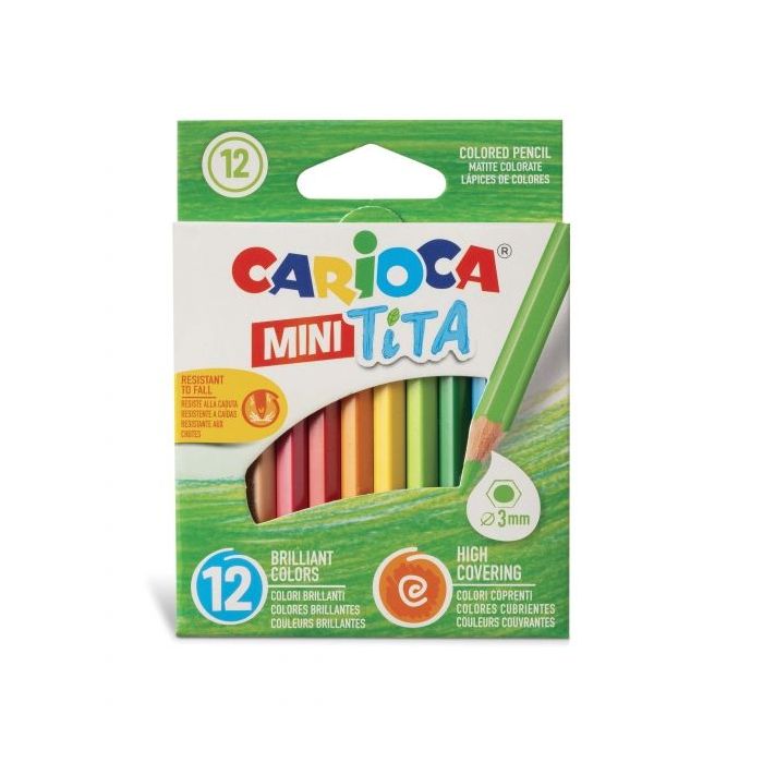 Carioca Tita Pack de 12 Mini Lapices de Resina - Cuerpo Hexagonal - Colores Brillantes y Lavables - Escritura Blanda - Mina Ø 3mm Segura y Super Resistente - No Se Astilla si Se Rompe - Color Varios