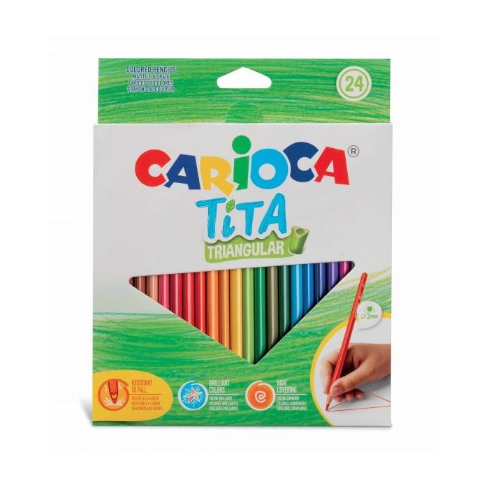 Carioca Tita Pack de 24 Lapices Triangulares - Cuerpo Triangular - Colores Brillantes y Lavables - Escritura Blanda - Mina Ø 3mm Segura y Resistente - No Se Astilla si Se Rompe - Color Varios