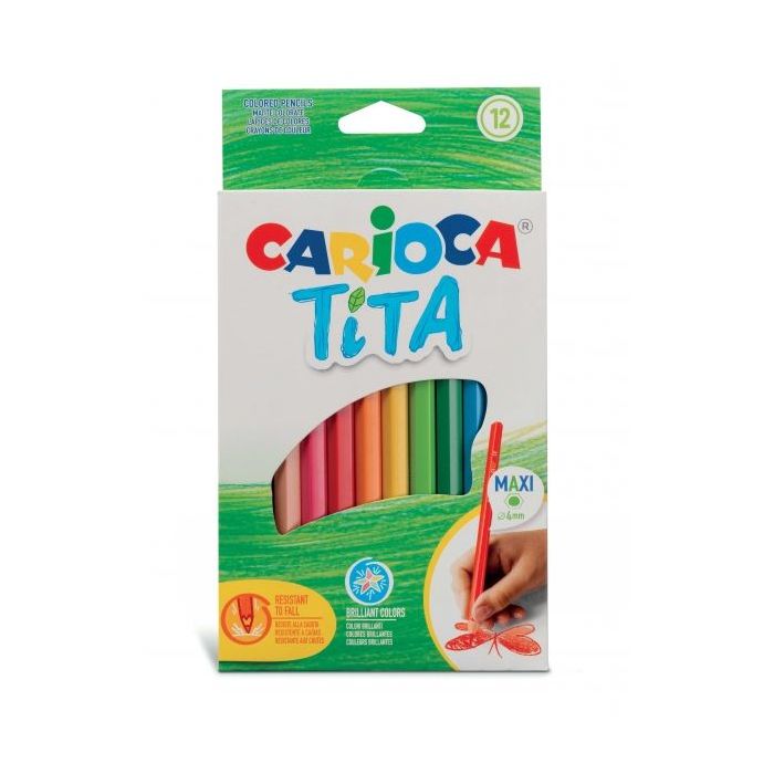 Carioca Tita Maxi Pack de 12 Lapices de Resina - Colores Brillantes y Lavables - Escritura Blanda - Mina Ø 4mm Segura y Resistente - No Se Astilla si Se Rompe - Color Varios