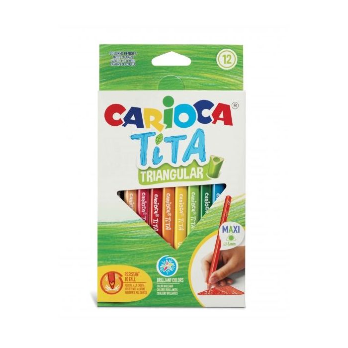 Carioca Tita Pack de 12 Lapices de Resina - Cuerpo Triangular - Colores Brillantes y Lavables - Escritura Blanda - Mina Ø 4mm Segura y Resistente - No Se Astilla - Color Varios