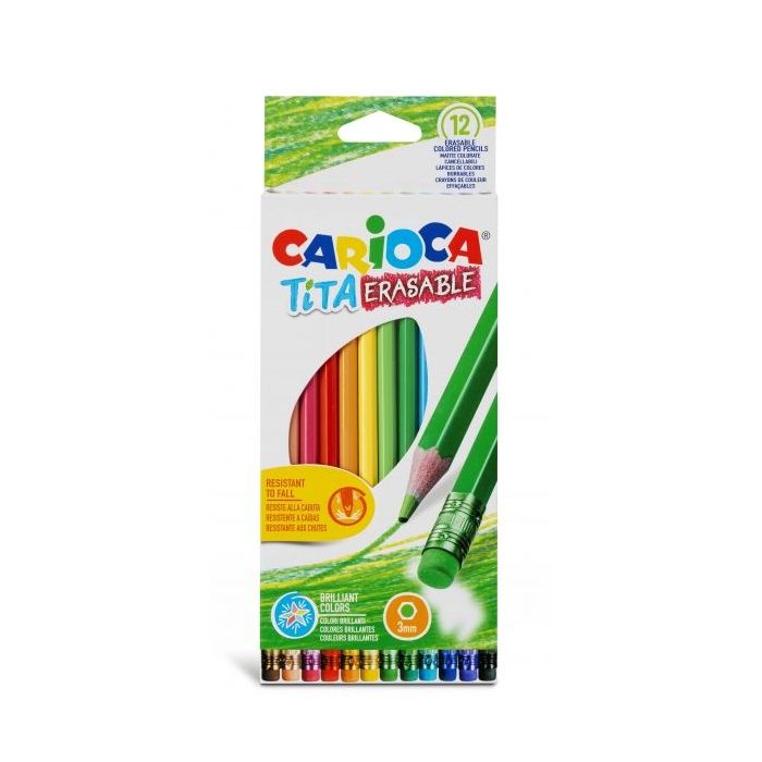 Carioca Tita Pack de 12 Lapices Borrables de Resina - Cuerpo Hexagonal - Colores Brillantes y Lavables - Escritura Blanda - Mina Ø 3mm - Color Varios