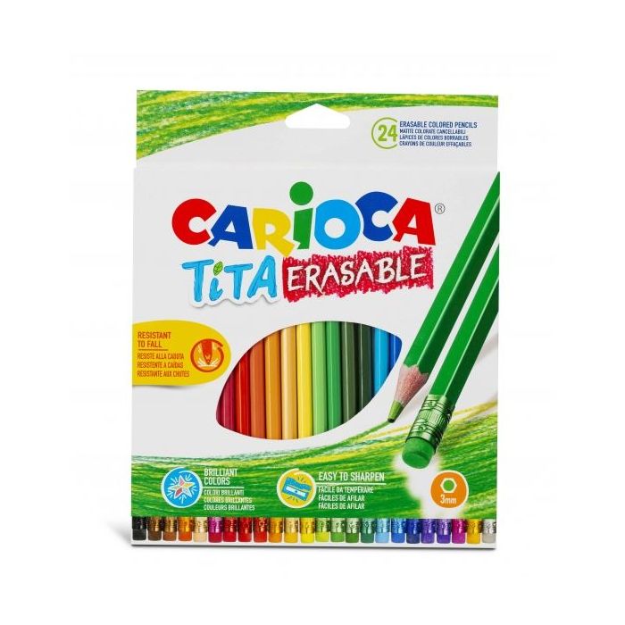 Carioca Tita Pack de 24 Lapices Borrables de Resina - Cuerpo Hexagonal - Colores Brillantes y Lavables - Escritura Blanda - Mina Ø 3mm - Color Varios