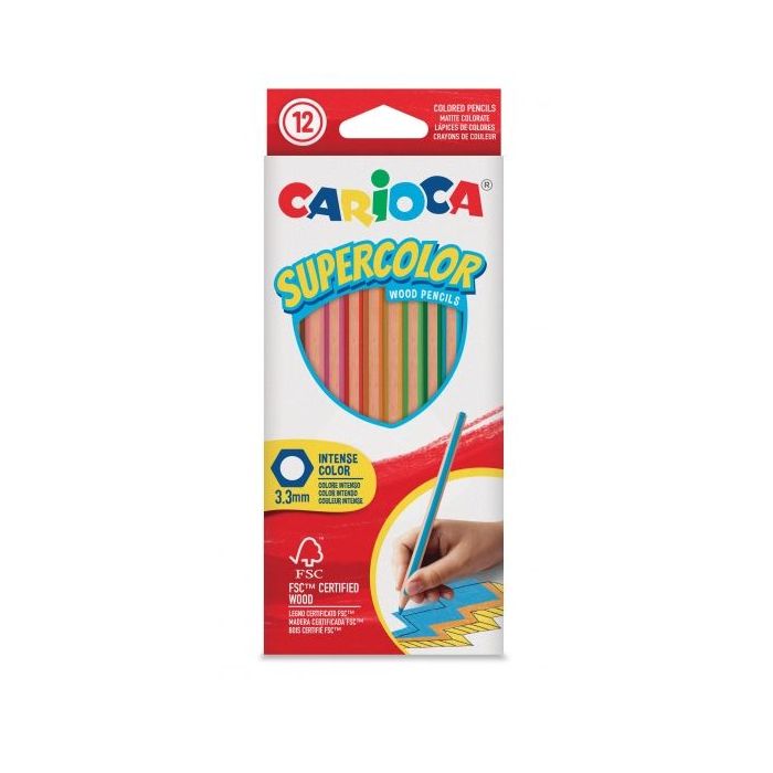 Carioca Supercolor Pack de 12 Lapices de Madera - Cuerpo Hexagonal - Colores Intensos y Gran Opacidad - 3.3mm de Grosor - Color Varios