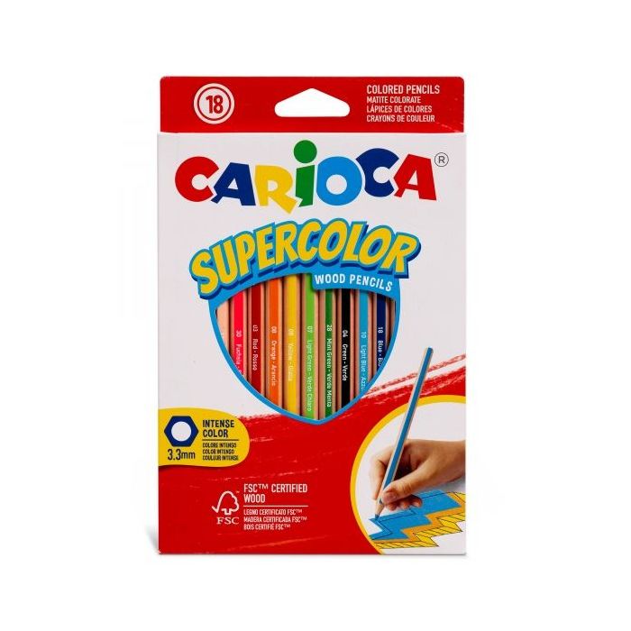 Carioca Supercolor Pack de 18 Lapices de Madera - Cuerpo Hexagonal - Colores Intensos y Gran Opacidad - 3.3mm de Grosor - Color Varios