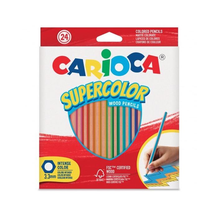 Carioca Supercolor Pack de 24 Lapices de Madera - Cuerpo Hexagonal - Colores Intensos y Gran Opacidad - 3.3mm de Grosor - Color Varios