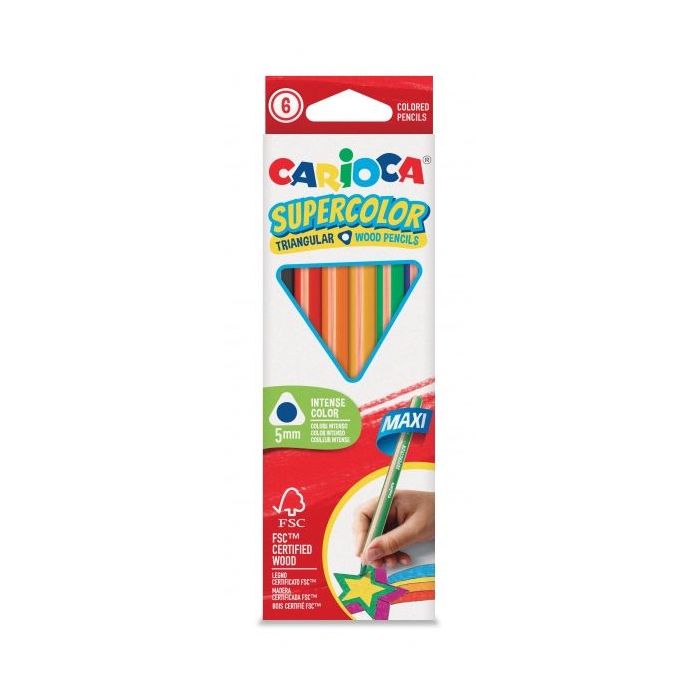 Carioca Supercolor Pack de 6 Lapices de Madera - Cuerpo Triangular Maxi - Colores Intensos y Gran Opacidad - Lapizgrueso Ø 5mm - Color Varios
