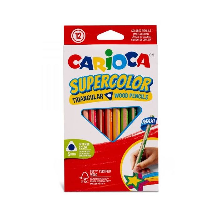 Carioca Supercolor Pack de 12 Lapices de Madera - Cuerpo Triangular Maxi - Colores Intensos y Gran Opacidad - Lapizgrueso Ø 5mm - Color Varios