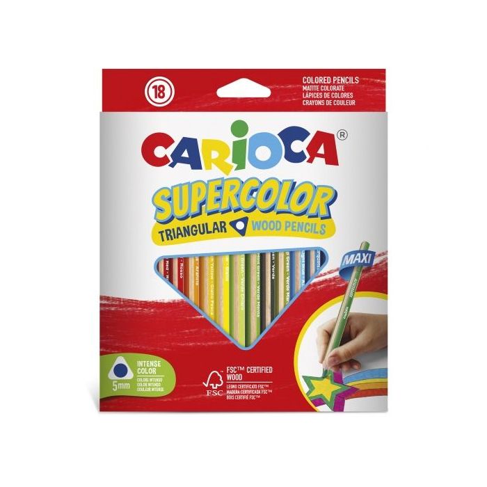 Carioca Supercolor Pack de 18 Lapices de Madera - Cuerpo Triangular Maxi - Colores Intensos y Gran Opacidad - Lapizgrueso Ø 5mm - Color Varios