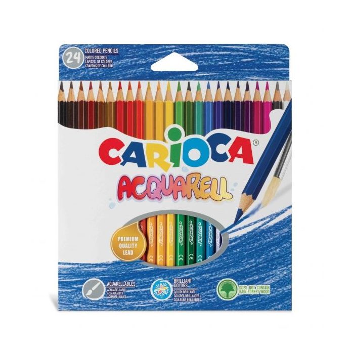 Carioca Acquarell Pack de 24 Lapices Acuarelables - Efecto Acuarela con Agua y Pincel - Colores Intensos - Escritura Suave - Mina de Ø 3.3mm - Color Varios