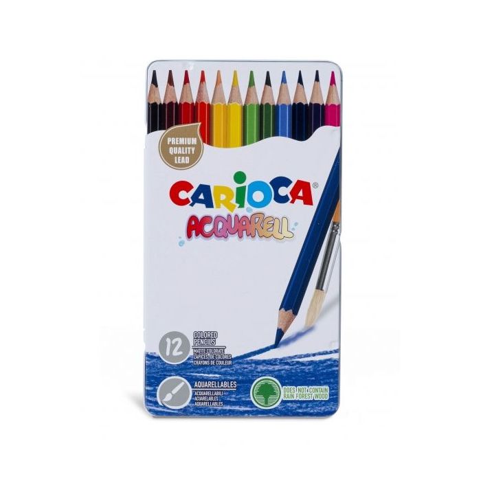 Carioca Acquarell Pack de 12 Lapices Acuarelables - Caja de Metal - Efecto Acuarela con Agua y Pincel - Colores Intensos y Brillantes - Escritura Blanda - Mina de Ø 3.3mm - Color Varios