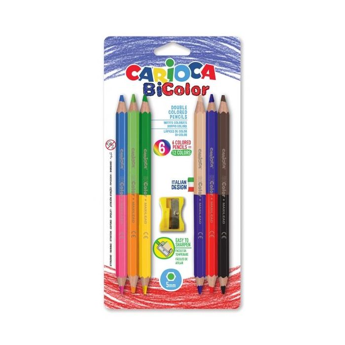 Carioca Jumbo Pack de 6 Lapices Bicolor Hexagonales Lacados - Maxi Mina de Ø 5mm - Alta Resistencia a la Rotura - Sacapuntas Incluido - Color Varios