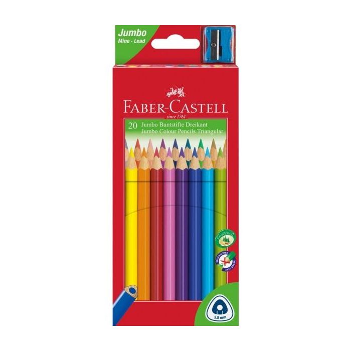 Faber-Castell Jumbo Junior Pack de 20 Lapices de Colores Triangulares + Sacapuntas - Mina Resistente a la Rotura - Lavable - Colores Surtidos
